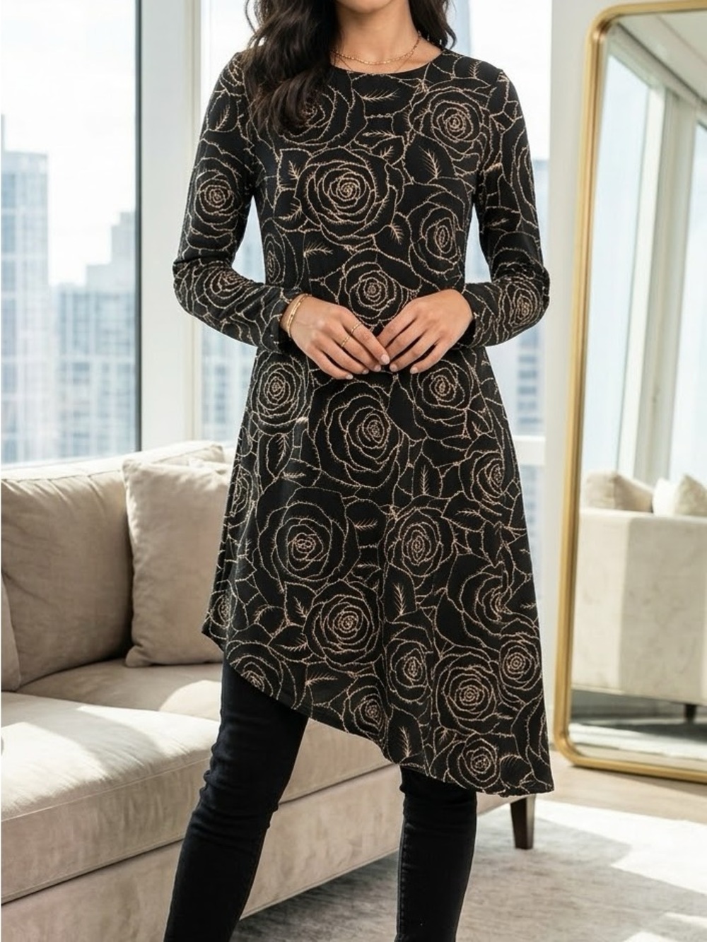 SHEIN Black Long-Sleeve Rose-Print Asymmetric Hem Dress